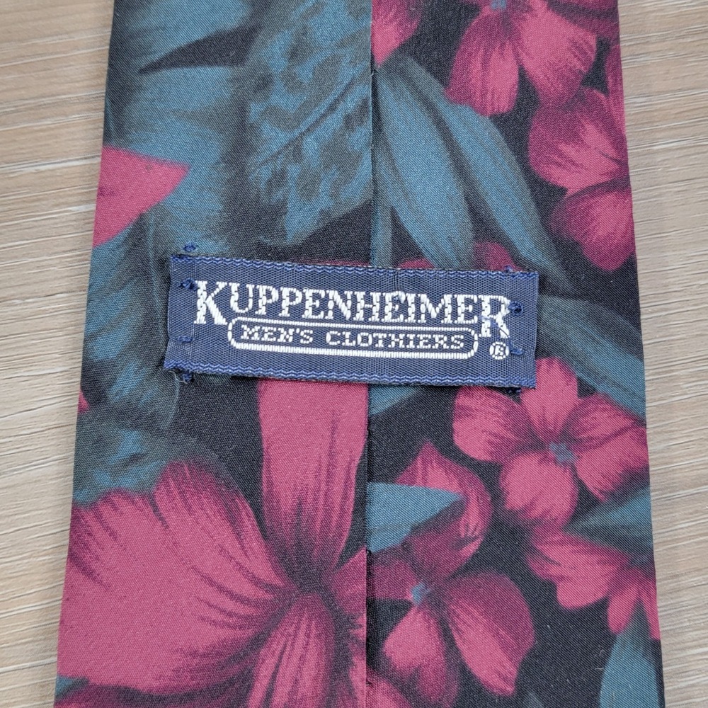 Kuppenheimer Mens Silk Tie Floral Tropical Leaf Teal Burgundy Black Made in USA - Picture 3 of 3